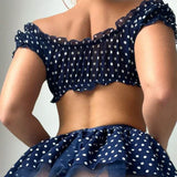 Women's Polka Dot Shoulder Revealing Puffy Skirt Set Sexy Lace Top Skirt Thongs Underwear Suits Mesh Perspective Exotic Sets