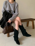 2026 New Winter Vintage Pleated Women Mordern High Boots Designer Slip on Pointed Toe Internal Elevation Shoes Botas De Mujer