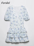 Foridol Blue Flower Print Women Tiered Mini Aummer Autumn Beach Dress Puff Sleeve Vintage Party Cotton Short Boho Lace Dress
