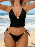 S - XL V Neck Halter Tankini Wrinkled Bikini Female Swimsuit Women Swimwear Bather Bathing Suit Swim Two-pieces Bikini set K8136