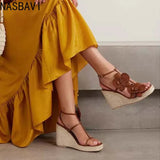 Flower Square Toe High-Heeled Shoes for Women, Slope Heels, Summer Gold One-Piece Sandals High-End Grass Woven Sandals for Women