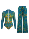 S - XXL New Printed Long Sleeve With Pants Zipper Women Swimwear One Piece Swimsuit Female Padded Bather Bathing Suit Swim V8356
