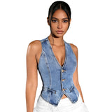 Women's Summer Solid Color Denim Vest Sleeveless V Neck Slim Fit Button Down Jean Tops Waistcoat Vests