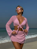 Summer 4 Piece Bikini Set 2025 Women Sexy Black Long Sleeve Cover Up and Skirt Swimsuit Beach Bathing Suit Holiday Swimwear