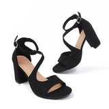 Elegant Ankle Buckle High Heel Sandals Women Black Flock Open Toe Block Heels Rome Sandals Woman Plus Size Bag Heel Party Shoes