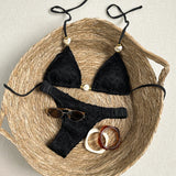 Sexy Beige Black Micro Bikini Set 2026 Women Pearls Strap Push Up Bra Pleate Thong Swimsuit Beach Bathing Suit Holiday Swimwear