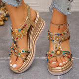 National Wind Beaded Wedge Heels Sandals Women Chunky Platform Slip On Gladiator Sandals Woman Plus Size 43 High Heel Sandalias