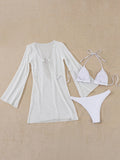 sexy white plain micro bikinis sets 3pcs with hollow out mesh long sleeve deep v-neck mini dress swimsuits bathing suit biquini