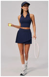 Women's Tracksuit Yoga Set 2 Pieces High Waist Pleate Pocket Skort Fitness Suit Turn Down Collar V Neck Slim Tank Top Sporstwear