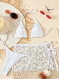 Sexy Shiny Sequin Blue White Bikini Set Women 3D Mesh Flower Cover Up 3 Piece Thong Swimsuit Beach Holiday Bathing Suit Swimwear