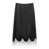 Women Solid Color Satin Long Skirs Elegant Low Waist Lace Patchwork Flowy Summer Skirt for Casual