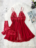 Blue Contrast Lace Ruffle Trim Lingerie Set Women's Nightdress See Through Deep V Mini Dress and Thong Nightgowns Underwear