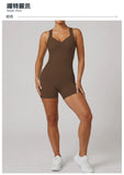 Cross Exposed Back Shaping Nude Yoga Jumpsuit Women Summer Sleeveless Pleate Slim Hip Lifting Short Sport Fitness One Piece Suit