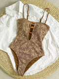 Leaves Printed Mesh Hollow Out Women Swimwear One Piece Swimsuit Female Monokini High Leg Cut Bather Slim Bathing Suit Swim Lady