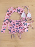 Long Sleeve Printed Halter Bikini Female Swimsuit Women Swimwear Four-pieces Bikini Set with Mesh Skirt Bathing Suit Beach Wear