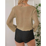 V Neck Long Sleeve Hollow Out Crochet Knitted Tunic Beach Dress Beach Wear Beachwear Beach Cover Up Cover-upsFemale Women V7192