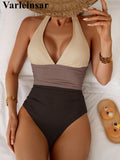 S - XL Splicing V Neck Backless Halter Women Swimwear One Piece Swimsuit Female Monokini Padded Bather Bathing Suit Swim V7559