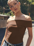 Elegant Women's Crop Top Solid Color Slash neck Top Lady Y2K Streetwear Fashionable Slim Fit Tee Summer Outfit Women's Clothes