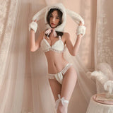 Bunny Girl Cosplay Sweater Underwear Women Sexy Lingerie White Plush Rabbit Ear Bra and Panties Suit Exotic Outfits Costumes