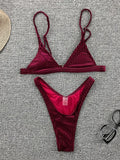 Ribbed Metallic Velvet Bikini Women Swimsuit Female Thong Swimwear Two Pieces Bikini Set High Cut Bathing Suit Swim Beachwear