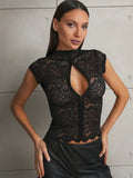 Ahagaga Summer Chic Lace Patchwork Tops Tees Sexy Sleeveless High Neck Hollow Out Slim Regular Elegant Club T-Shirt for Ladies