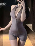 Sexy Schoolgirl Two-way Zipper Open Chest Crotch Bodysuits Deep V Suspenders Sleeveless Bodysuits Charming Thin Casual Hot 15T6