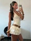 Halter Backless White Summer Women's Dress Sleeveless Beach Boho Short Mini Tierred Dresses with Shorts New Dress with Belt