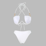 Halter Pearls V-Bar Underwired Bra Cup Bikini Women Swimwear Female Swimsuit Two-pieces Bikini Set Push Up Bathing Suit Swim