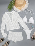 Women white black micro mini string bikini sets 4 pieces with hollow out cardigan tops and shorts swimsuit bathing suits biquini