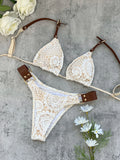 2025 Boho Crochet Bikini Set Cream Knit with Leather Straps Metal Buckles Perfect for Beach Wear Pool Parties Summer Getaways