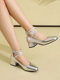 Metallic Silver Gold Women Mary Jane Pumps Square Toe Block Heel Crisscross Ankle Strap Back Zipper Elegant Party Dress Heels