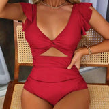 Women Monokini V-Neck Ruffle Sleeve One-Piece Swimsuit Solid Color High Waist Tummy Control Bathing Suit