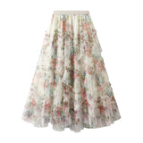 Early Fall Floral Print Ruffle Mesh Skirt Women Irregular Flowy A-line Midi Skirt for Travel, Beach, Shopping