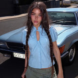 FDYOUI Fashion Stand Collar Lace-up Hollow Out T-shirts Women Chic Short Sleeve Single Breasted Crop Top Folds Solid Tee Shirt