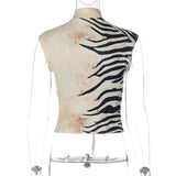 FDYOUI Sexy Zebra-stripe Print Tank Tops Women's Corset 2026 Summer Stand Collar Lace-up Sleeveless T-shirt Hollow Out Crop Top