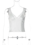 FDYOUI Women Lace Patchwork Backless Camisoles Tank Top 2026 Spring Summer Sexy V-neck Slim Crop Tops White Black Y2K Streetwear