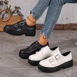 Fashion Double Buckle Platform Loafers Women British Style Thick Bottom Pu Leather Shoes Woman Comfort Round Toe Student Shoes