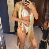 Sexy With Belt Fringe Tassel Crochet Knitted Tunic Beach Cover Up Cover-ups Beach Dress Beach Wear Beachwear Female Women V4649