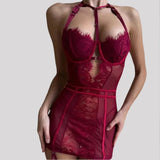 Toucheart Erotic Halter Bodysuit with Panty Lace See-through Body Shaping Patchwork Women Puredesire Sexy Flirt Hot Bodysuit Set