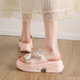 Luxury Rhinestone Thick Bottom Sandals Women 2026 New Silk Satin Embroidery High Heel Sandals Woman Summer Thick Heeled Slippers