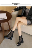 White Polka Dot Mesh Peep Toe Chunky Block Heel Platform Back Zipper Ankle Sandal Boots for Women