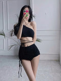 Sexy Korean Fashion One Shoulder Crop Top Mujer Black Drawstring Shorts Bottoms Bikinis Sets Two Pieces Swimsuit Padded Swimwear