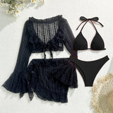 Sexy 4 Pieces Bikinis Sets Women Mesh Long Sleeve Cover Up Beach Skirt Swimwear Holiday Beach Bathing Suit Patchwork Swimsuit