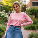 Spring Autumn Casual Loose Tops for Women Long Sleeve Round Neck Loose Fit Striped Print T-shirts