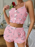 Women Summer Sleepwear Fashion Floral Print V Neck Cami Top and Lettuce Trim Shorts Pajama Set Loungewear Home Wear