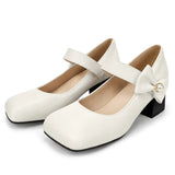 Plus Size 52 SkyBlue Mary Jane Heels Shoes Women Bow Pearl Decor Ankle Strap Square Toe 5cm Chunky Block Mid Heel Sweet Pumps