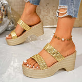Fashion Gold Woven Wedge High Heel Sandals Women Summer Chunky Platform Slippers Woman Plus Size Comfortable Thick Heels Sandals
