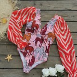 One Piece Swimsuit Sexy Long Sleeve Tropical Print Swimwear Women Bandage Monokini Hollow Out Bathing Suit String Beachwear 2023