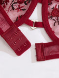 French vintage wine-red rose embroidery lingerie set - net sheer bra + T-shirt - sexy sensual women's lingerie ZA824026