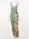 Floral Print Summer Green Dress Womens Fashion Casual Sleeveless V-neck Backless Tunics Bodycon Holiday Beach Dresses Streetwear
